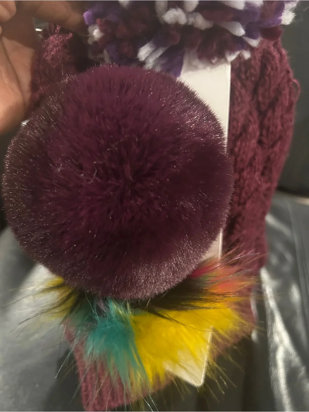 Maroon Knit Pom Beanie with Colorful Faux Fur Accent you pick Pom wear 3 ways